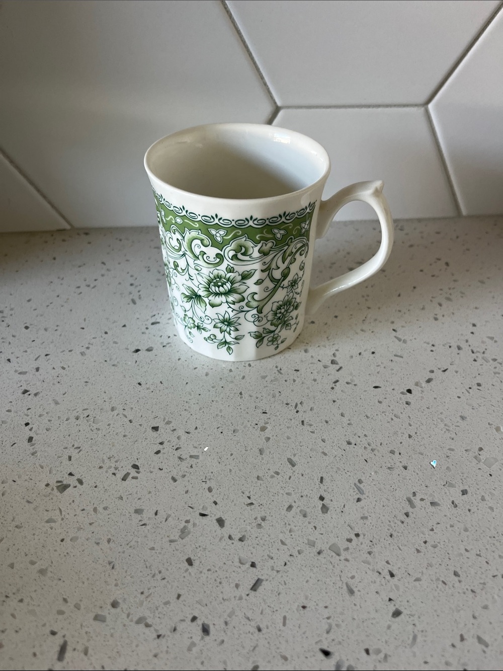 ElizabethanGreen Floral fine bone  Mug with Ornate Border